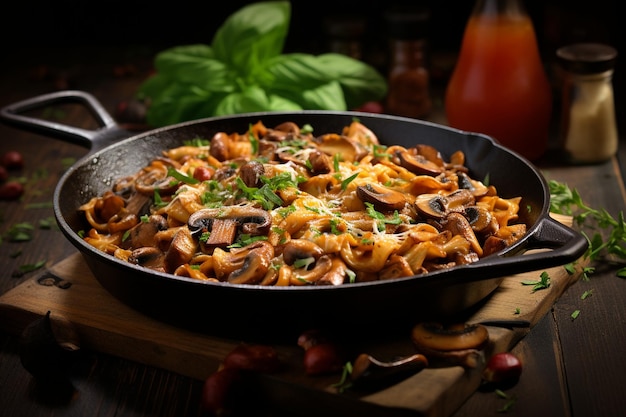 Pasta en una sartén con setas salteadas