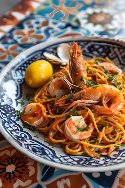 Pasta siciliana com infusão de limão com frutos do mar grelhados