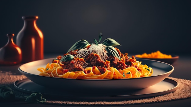 Pasta Spaghetti Bolognese in weißer Platte auf grauem Hintergrund