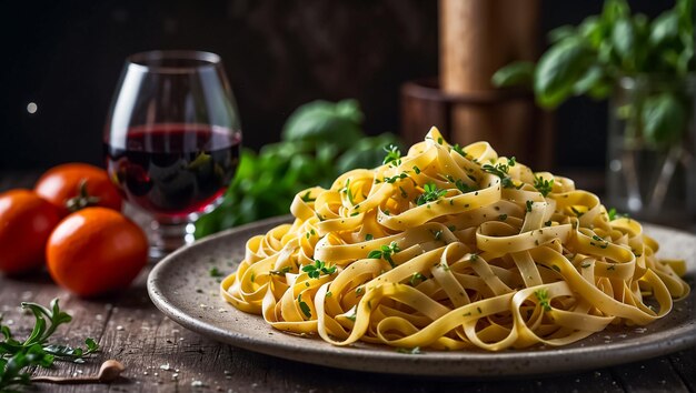 pasta tagliatelle com ervas em um prato