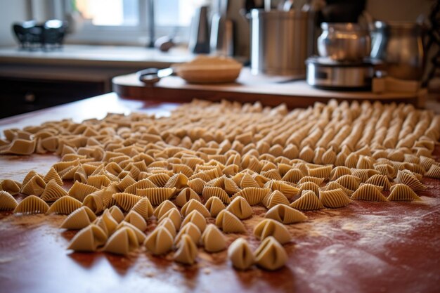 Pasta-Teig, der mit geschnittenen Formen ausgerollt wird und auf das Trocknen wartet