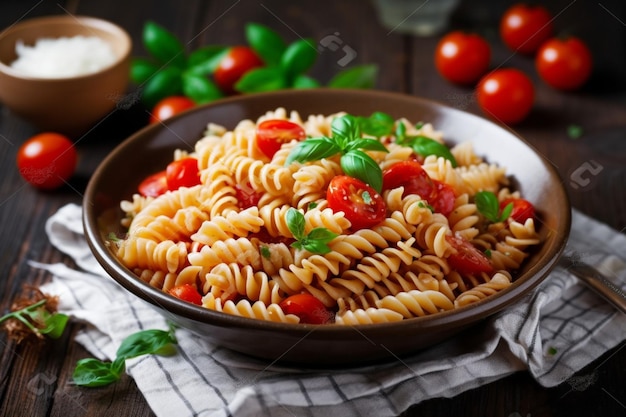 pasta con tomate y pasta de ensalada de albahaca sobre una mesa