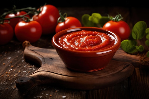 Foto pasta de tomate sobre superficie de madera con fondo conceptual