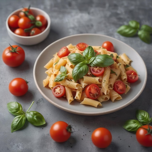 La pasta, los tomates, la albahaca, el telón de fondo gris, una composición simple y sabrosa.