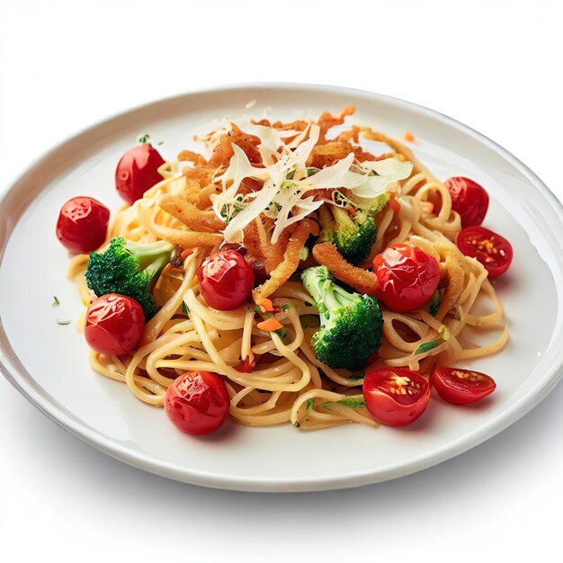 Pasta con tomates cherry y brotes de brócoli frito sobre un plato de fondo blanco