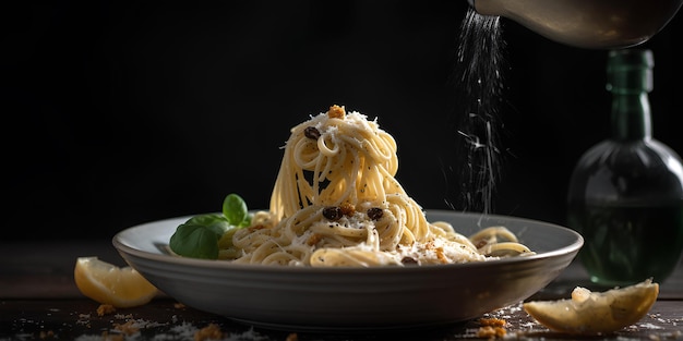 Pasta tradicional Cacio e Pepe servida en un plato