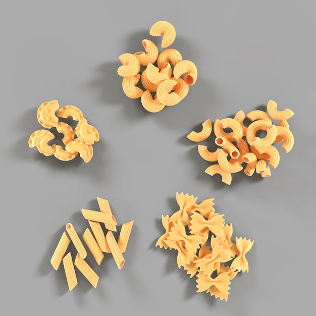 Pasta und Makkaroni Icon Set Stapel von italienischen rohen trockenen Penne Fusilli Chifferi isoliert auf grauem Hintergrund Draufsicht 3D-Rendering Verschiedene Arten von Nudelportionen zum Mittag- oder Abendessen