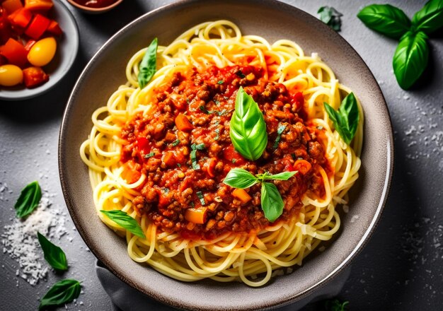 Pasta vegana bolognese con lentejas en un fondo plano claro