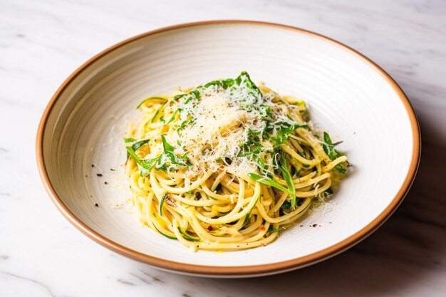 Pasta con verduras y queso parmesano en mesa de mármol receta de comida fácil casera para el almuerzo o la cena postprocesado generativo ai