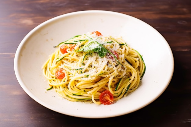 Pasta con verduras y queso parmesano en mesa de mármol receta de comida fácil casera para el almuerzo o la cena postprocesado generativo ai