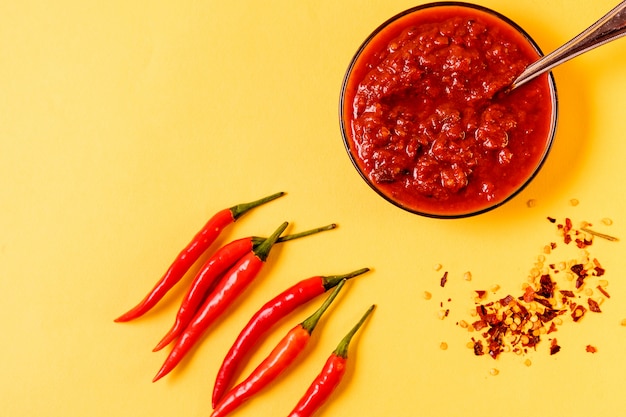 Pasta vermelha caseiro de harissa, especiarias da pimenta de pimentão e pimentas vermelhas frescas.