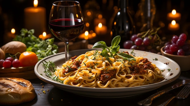 Pasta y vino italianos deliciosos