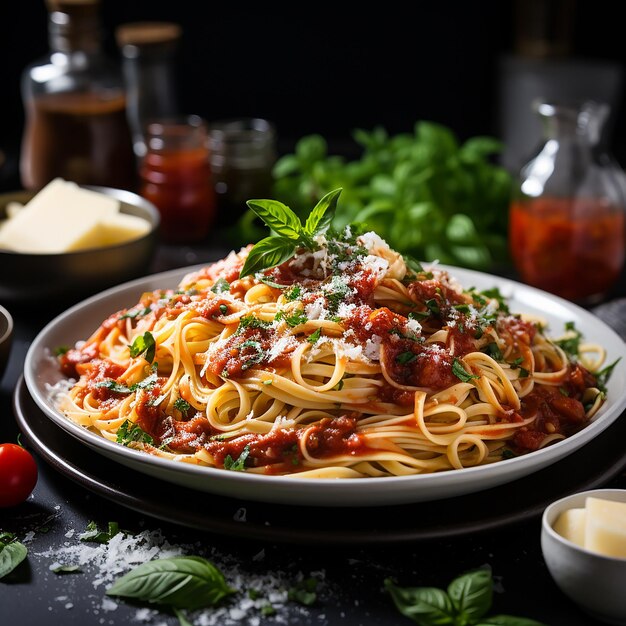 pasta_with_tomato_sauce_on_a_plate_that_is_on_the_white