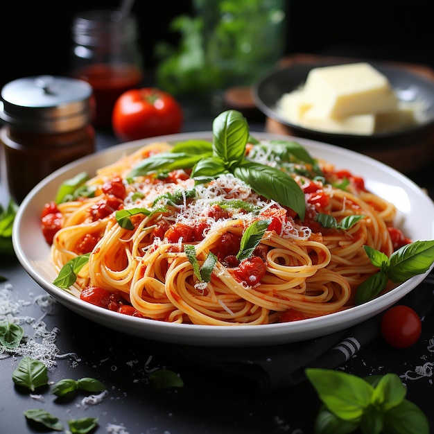 pasta_with_tomato_sauce_on_a_plate_that_is_on_the_white