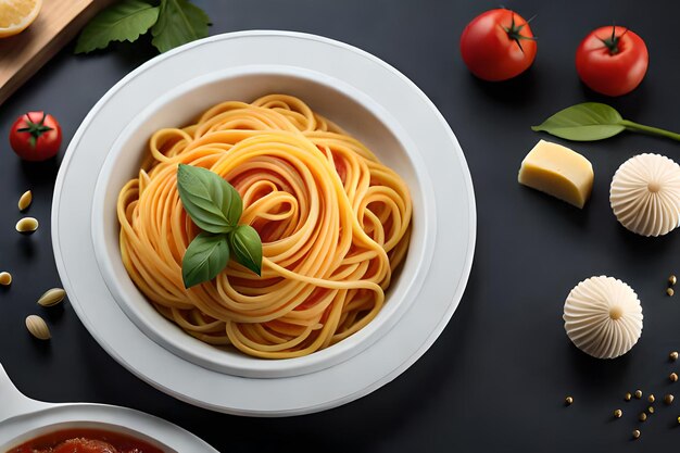 Pastas, albóndigas, espagueti, salsa de tomate y queso parmesano rallado