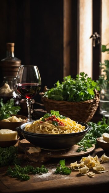 Pastas com carne, vegetais e vinho