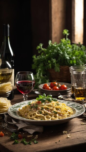 Foto pastas com carne, vegetais e vinho