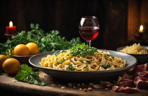 Pastas com carne, vegetais e vinho