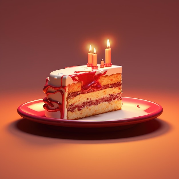 Un pastel 3D deliciosamente realista con capas coloridas y una vela presentada sobre un fondo rojo