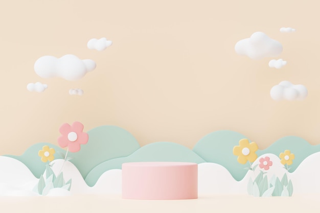 Pastel abstracto de flores naturales, hojas y plantas arbóreas con plataforma de soporte de podio Fondo de paisaje natural de dibujos animados lindo Escena de plantas coloridas de primavera con diseño mínimo 3D Render