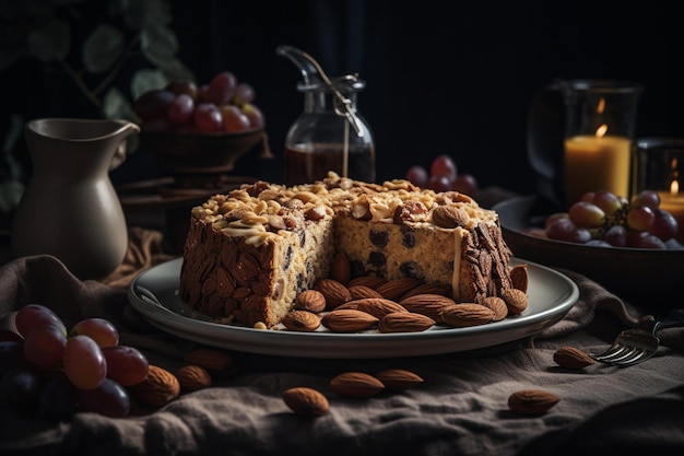 Un pastel con almendras y almendras en él.