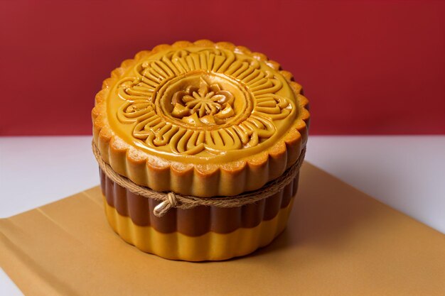 un pastel amarillo con un diseño en la parte superior