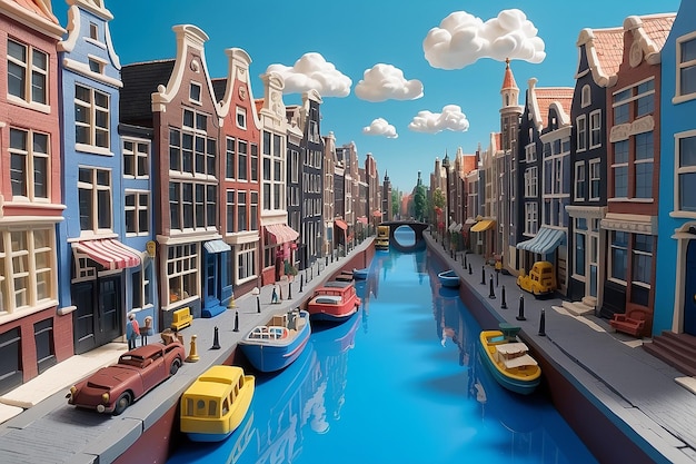 Pastel-Amsterdam-Diorama-Hoch auflösende Lehmbildung mit Baumwollwolken