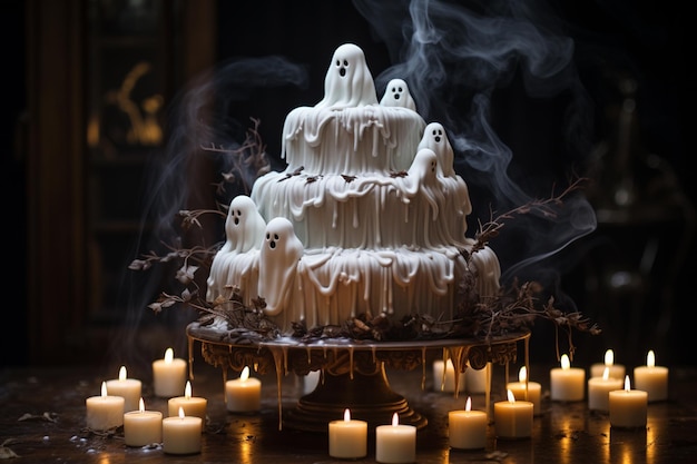 pastel de araffe con cabezas de fantasmas y velas sobre una mesa ai generativa