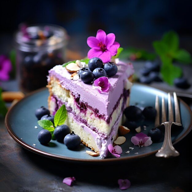 Pastel de arándanos con flores en la parte superior generativo ai