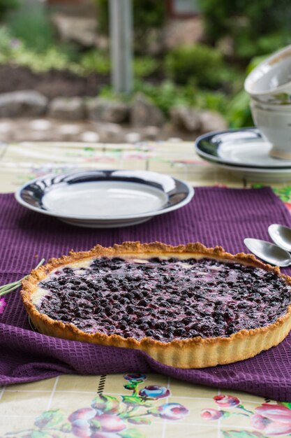 pastel de arándanos. Tarta de arándanos con queso crema. Desayuno al aire libre. Taza de te con baya