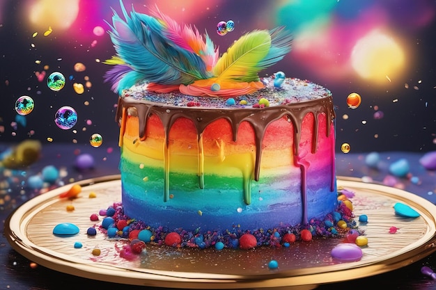Un pastel de arco iris con un arco iris en la parte superior.