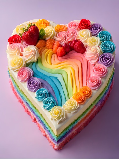 pastel de arco iris de colores en forma de corazón