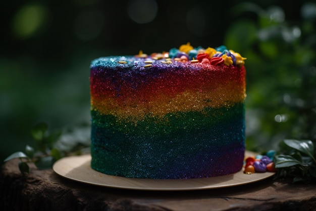 Un pastel de arco iris con la palabra arco iris en él