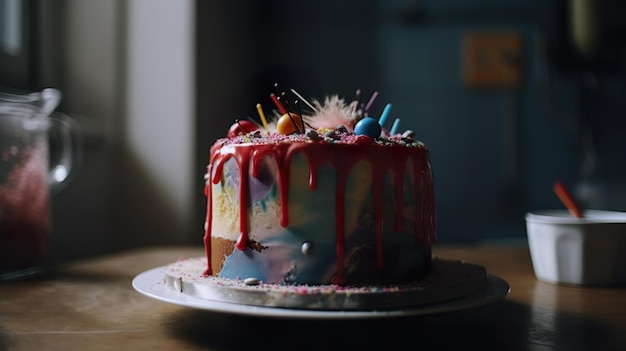 Un pastel con un arcoíris y chispitas azules y rojas.