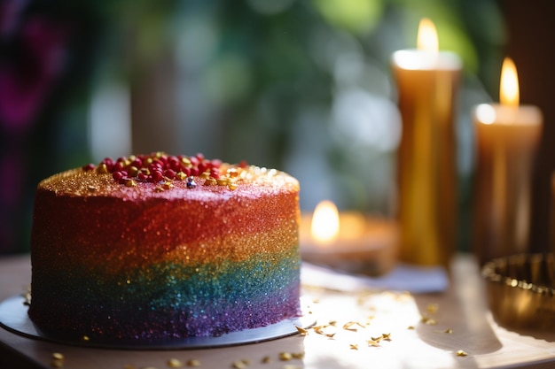 Un pastel de arcoíris con una vela al fondo.