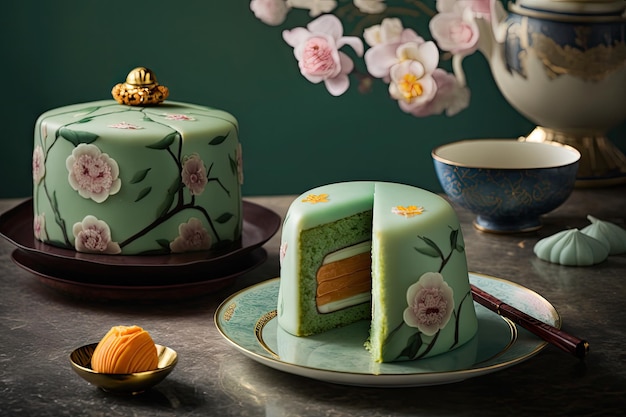 Pastel de ascot chino pastel de jade shu con relleno dulce en la mesa  creado con ai generativo | Foto Premium