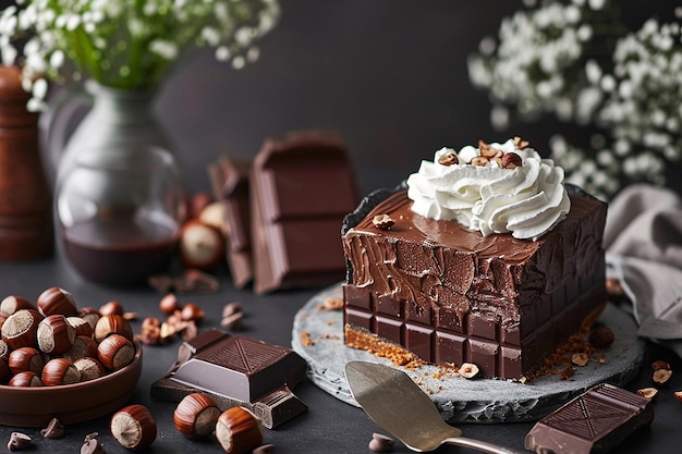 Un pastel de avellanas de chocolate con una cubierta de crema batida