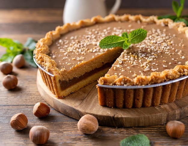 Pastel de avellanas con porción en rebanadas en una mesa de madera