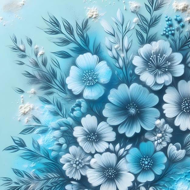 Pastel azul em pó com fundo de flores desenhadas à mão