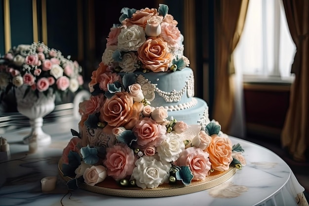 Un pastel azul con rosas y perlas.