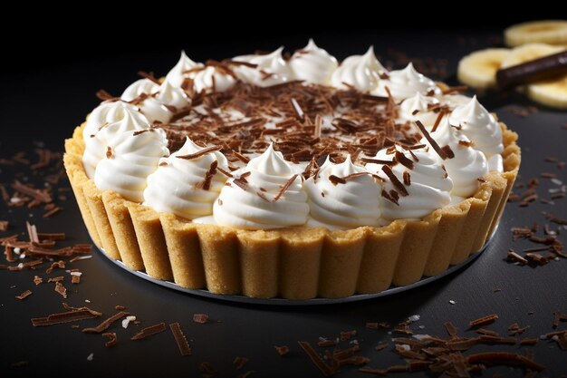 Un pastel de banoffee con gotas de caramelo y rebanadas de plátano