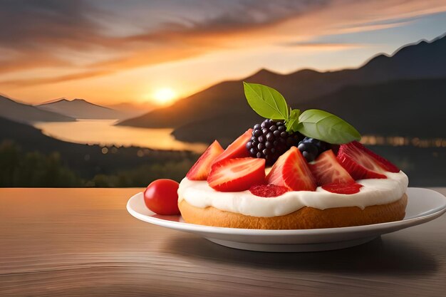 Un pastel con bayas se sienta en una mesa con una puesta de sol en el fondo.