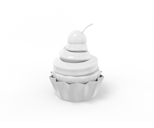 Pastel blanco con crema y cereza encima de un plato blanco. Objeto de diseño minimalista. icono de renderizado 3d elemento de interfaz ui ux.