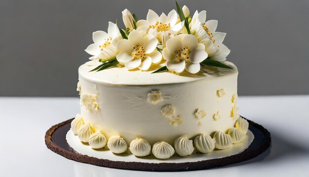 pastel blanco decorado con flores de chocolate blanco