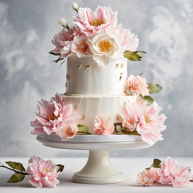 Un pastel blanco con flores rosas encima.