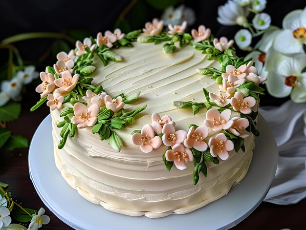 Un pastel blanco con flores rosas en la parte superior