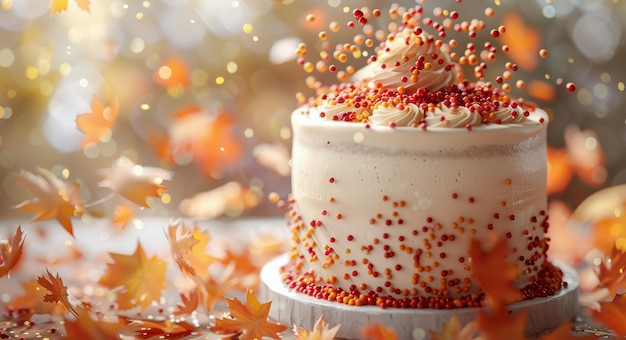 Pastel blanco con follaje de otoño y salpicaduras