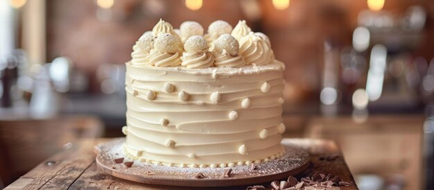 Pastel blanco helado en una mesa de madera