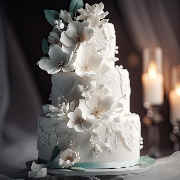 Un pastel de boda blanco con flores blancas y velas