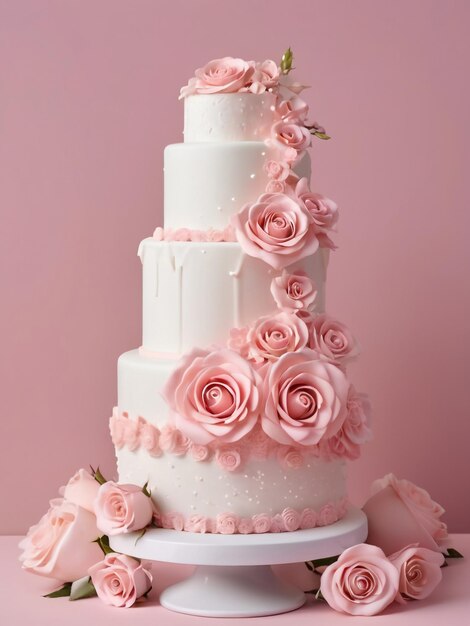pastel de boda blanco con flores decoración fondo rosa